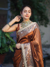 Banarasee Tissue Hand Embroidered Mirror Work Saree With Ghungroo Work & Zari Woven Pallu-Brown