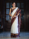 Banarasee Handloom Plain Semi Silk Saree With Contrast Temple Border-White (Dual Tone)