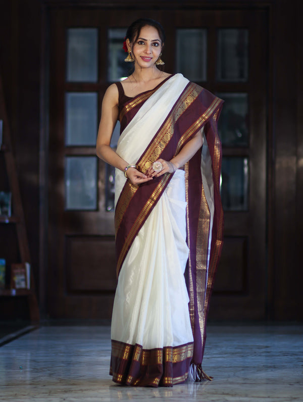 Banarasee Handloom Plain Semi Silk Saree With Contrast Temple Border-White (Dual Tone)
