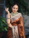 Banarasee Tissue Hand Embroidered Mirror Work Saree With Ghungroo Work & Zari Woven Pallu-Brown