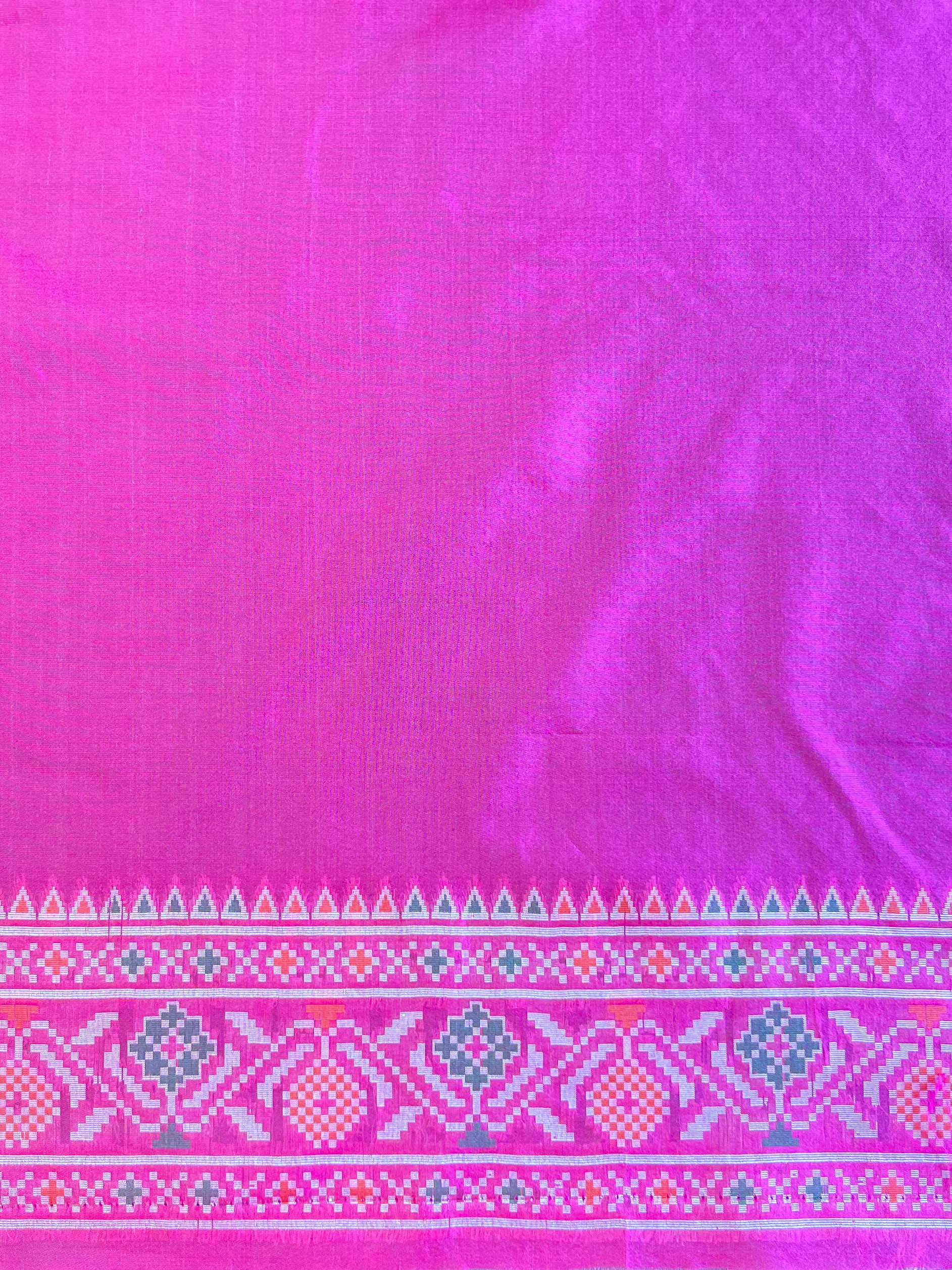 Banarasee Handwoven Cotton Silk Patola Design Saree With Zari & Resham Border-Blue & Pink