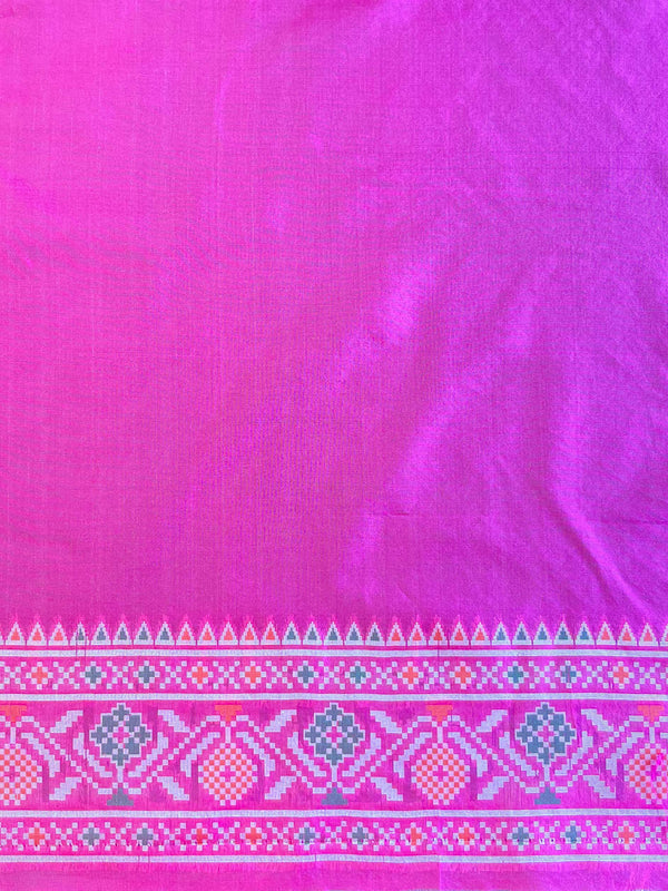 Banarasee Handwoven Cotton Silk Patola Design Saree With Zari & Resham Border-Blue & Pink