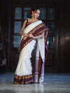 Banarasee Handloom Plain Semi Silk Saree With Contrast Temple Border-White (Dual Tone)