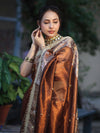 Banarasee Tissue Hand Embroidered Mirror Work Saree With Ghungroo Work & Zari Woven Pallu-Brown