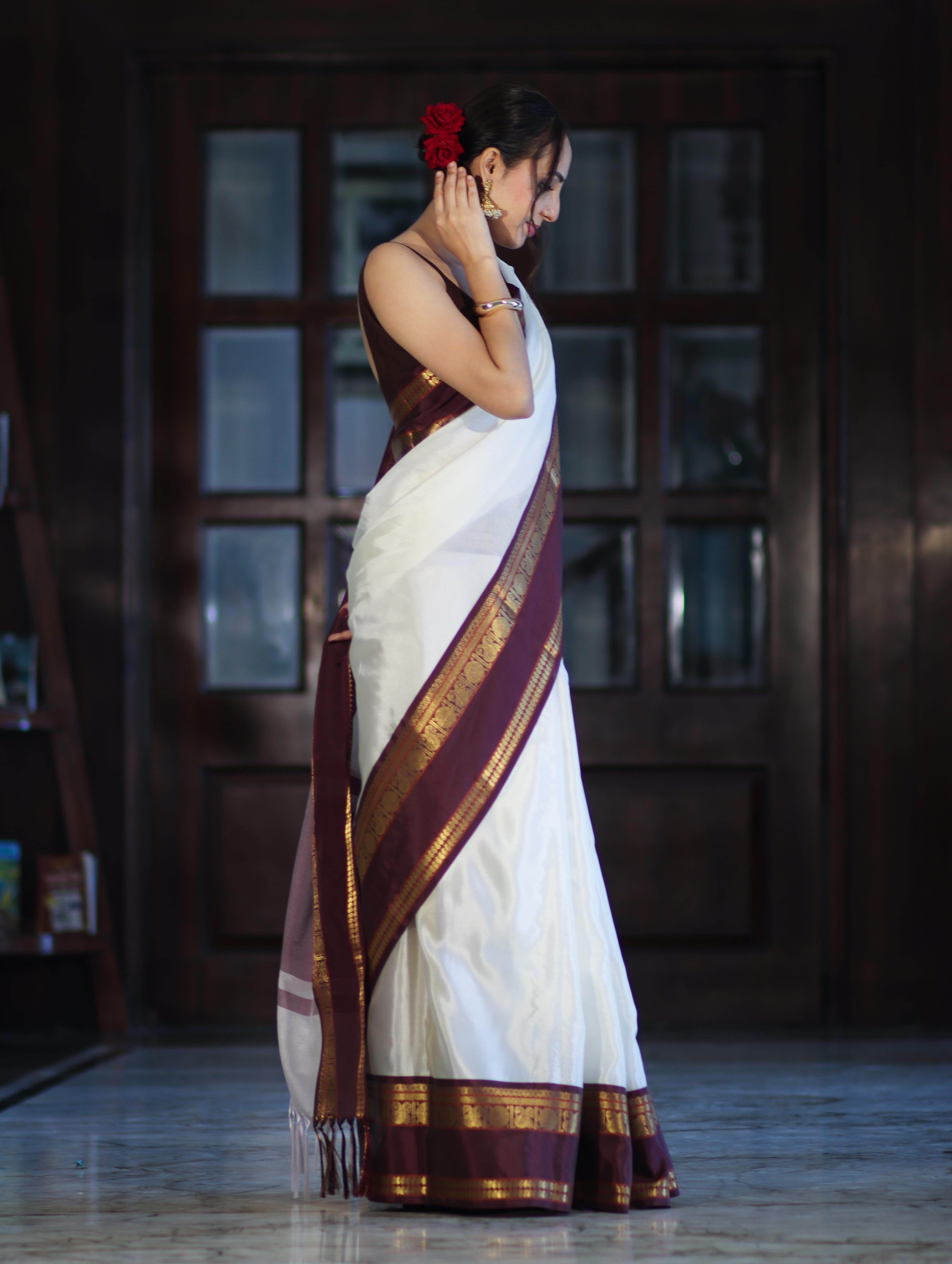 Banarasee Handloom Plain Semi Silk Saree With Contrast Temple Border-White (Dual Tone)