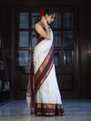 Banarasee Handloom Plain Semi Silk Saree With Contrast Temple Border-White (Dual Tone)