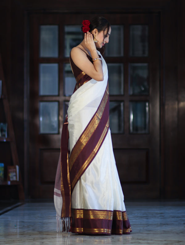 Banarasee Handloom Plain Semi Silk Saree With Contrast Temple Border-White (Dual Tone)