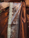 Banarasee Tissue Hand Embroidered Mirror Work Saree With Ghungroo Work & Zari Woven Pallu-Brown