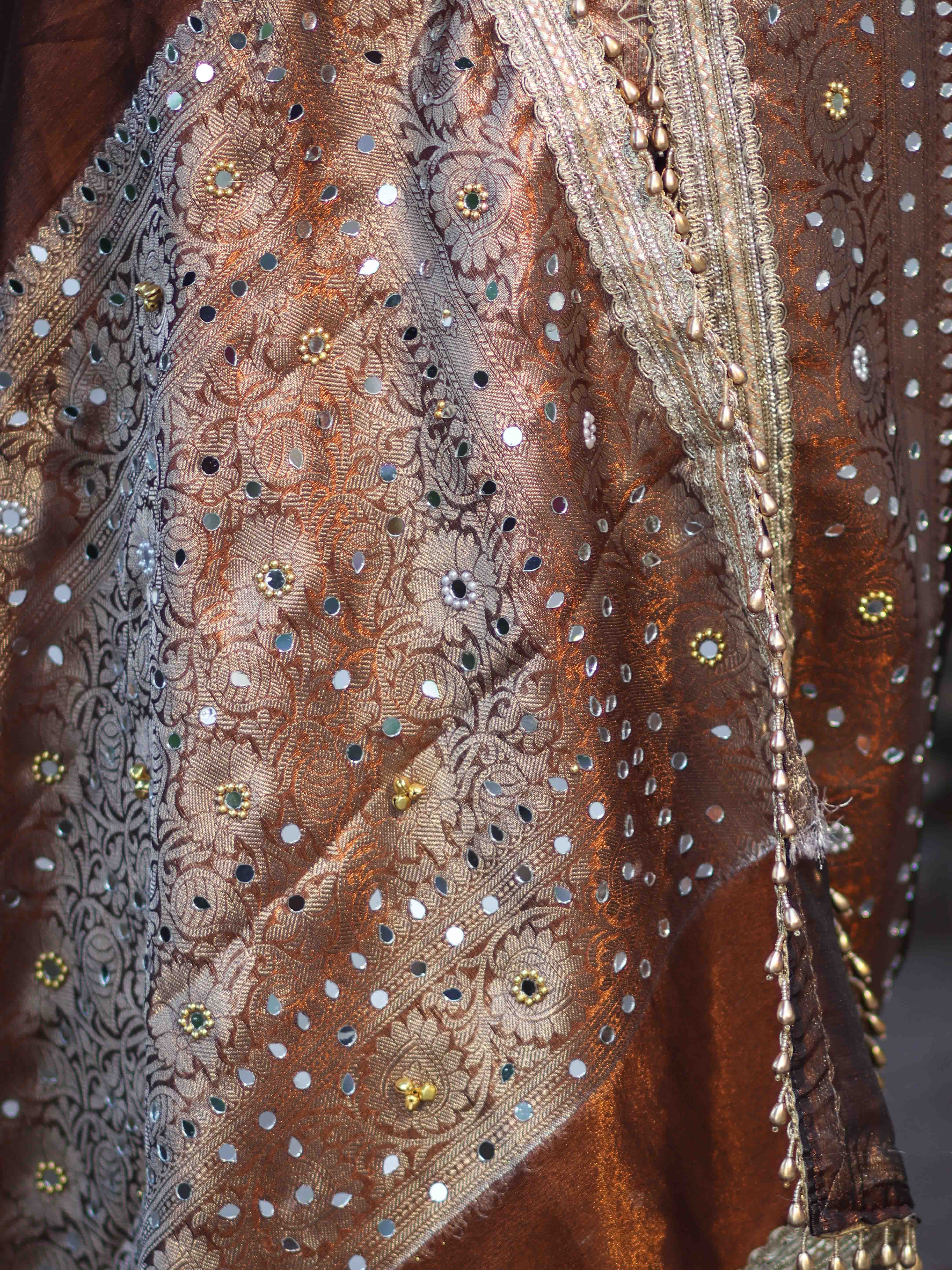 Banarasee Tissue Hand Embroidered Mirror Work Saree With Ghungroo Work & Zari Woven Pallu-Brown