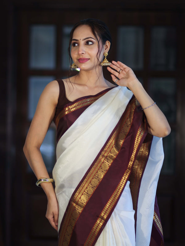 Banarasee Handloom Plain Semi Silk Saree With Contrast Temple Border-White (Dual Tone)
