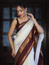 Banarasee Handloom Plain Semi Silk Saree With Contrast Temple Border-White (Dual Tone)