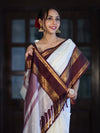 Banarasee Handloom Plain Semi Silk Saree With Contrast Temple Border-White (Dual Tone)