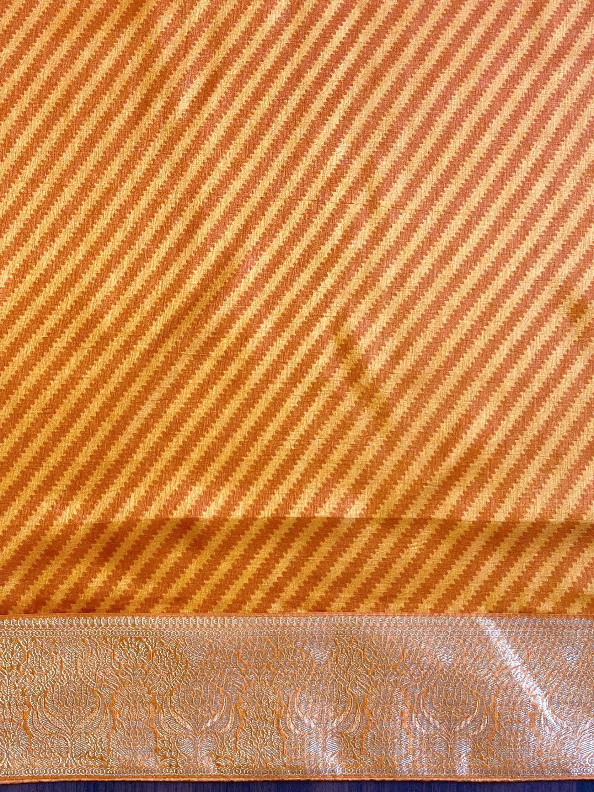 Banarasee Handwoven Semi-Tussar Zig-Zag Pattern Saree-Yellow