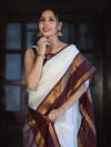Banarasee Handloom Plain Semi Silk Saree With Contrast Temple Border-White (Dual Tone)