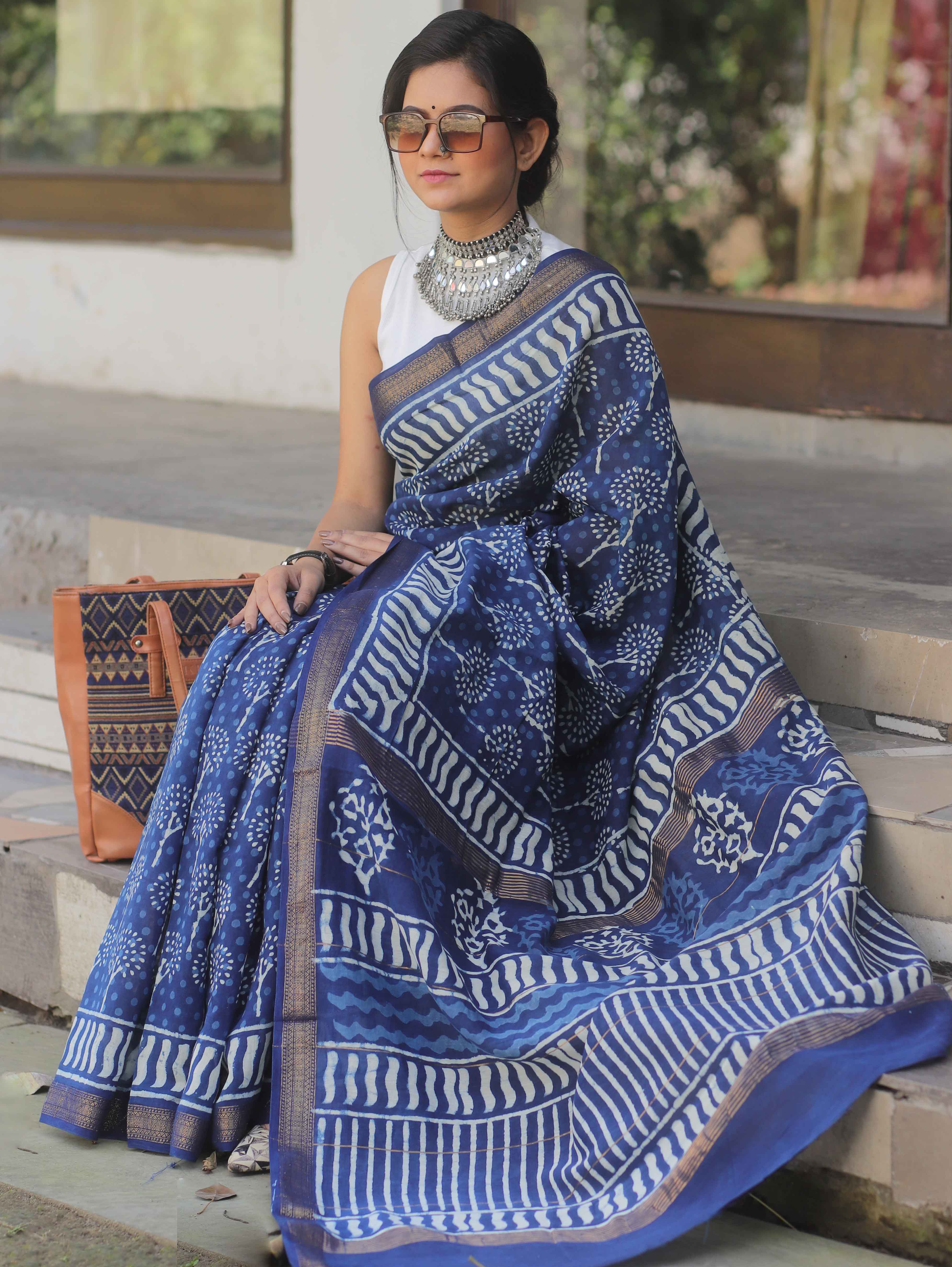 Handloom Maheshwari Silk Bagru Block Printed Saree-Blue