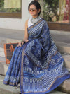 Handloom Maheshwari Silk Bagru Block Printed Saree-Blue
