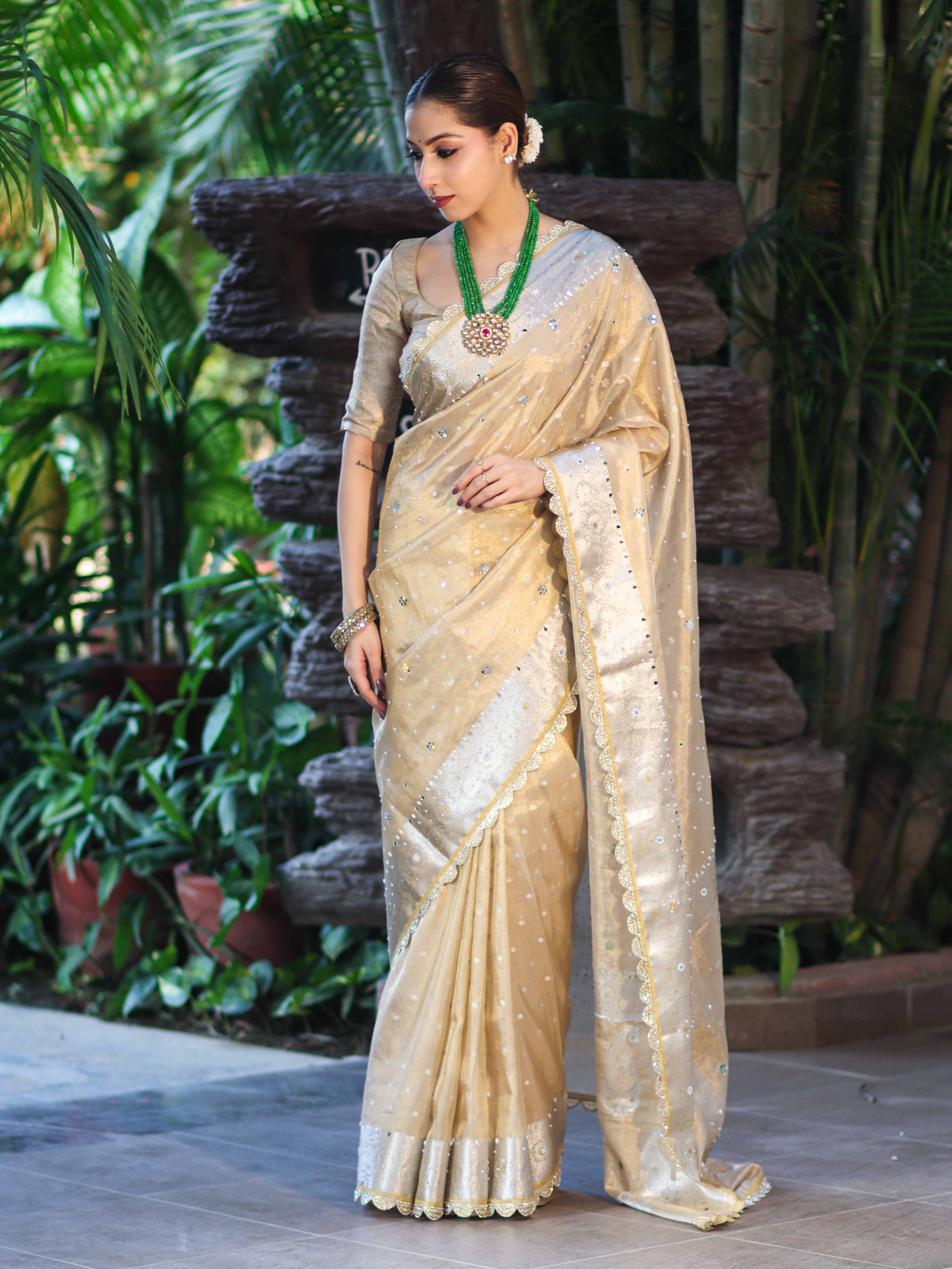 Banarasee Tissue Hand Embroidered Mirror Work Saree With Pearl Motifs & Swarovski Work-Gold