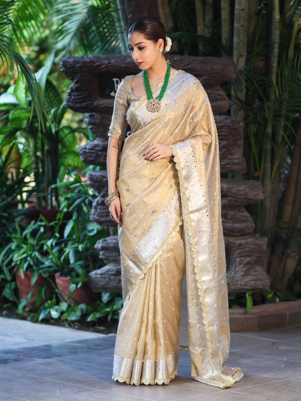Banarasee Tissue Hand Embroidered Mirror Work Saree With Pearl Motifs & Swarovski Work-Gold
