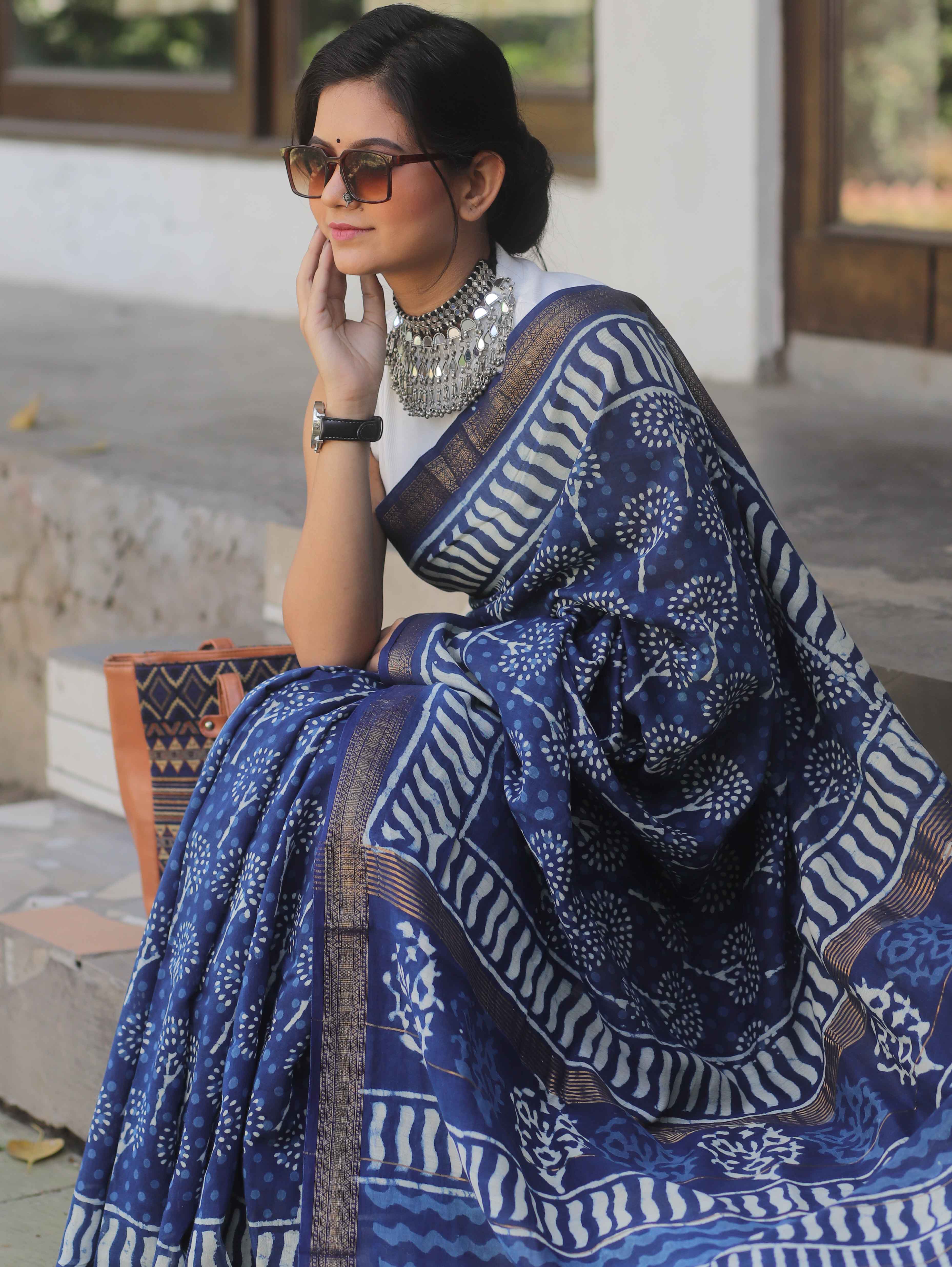 Handloom Maheshwari Silk Bagru Block Printed Saree-Blue