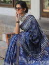 Handloom Maheshwari Silk Bagru Block Printed Saree-Blue