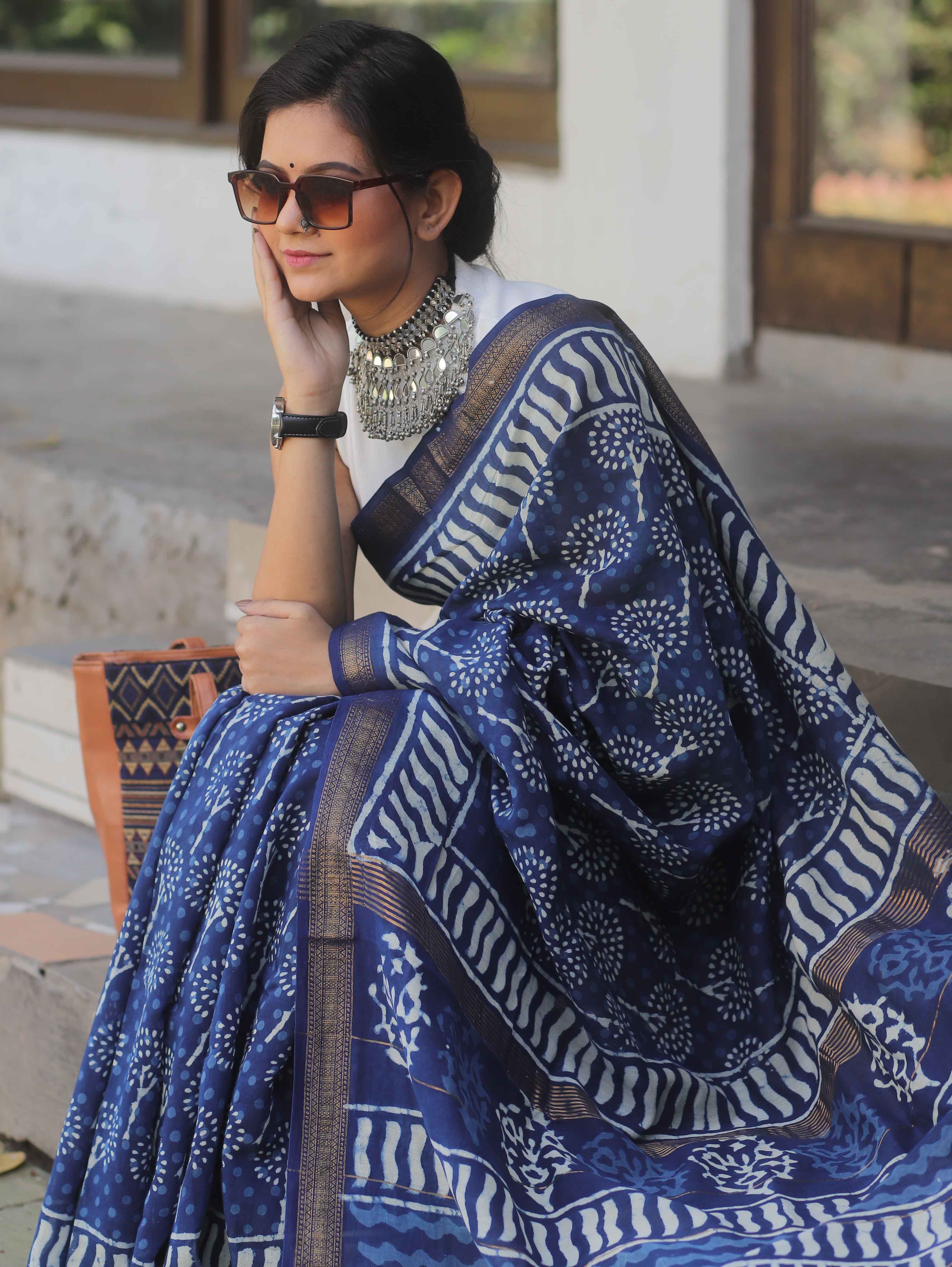 Handloom Maheshwari Silk Bagru Block Printed Saree-Blue