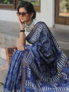 Handloom Maheshwari Silk Bagru Block Printed Saree-Blue