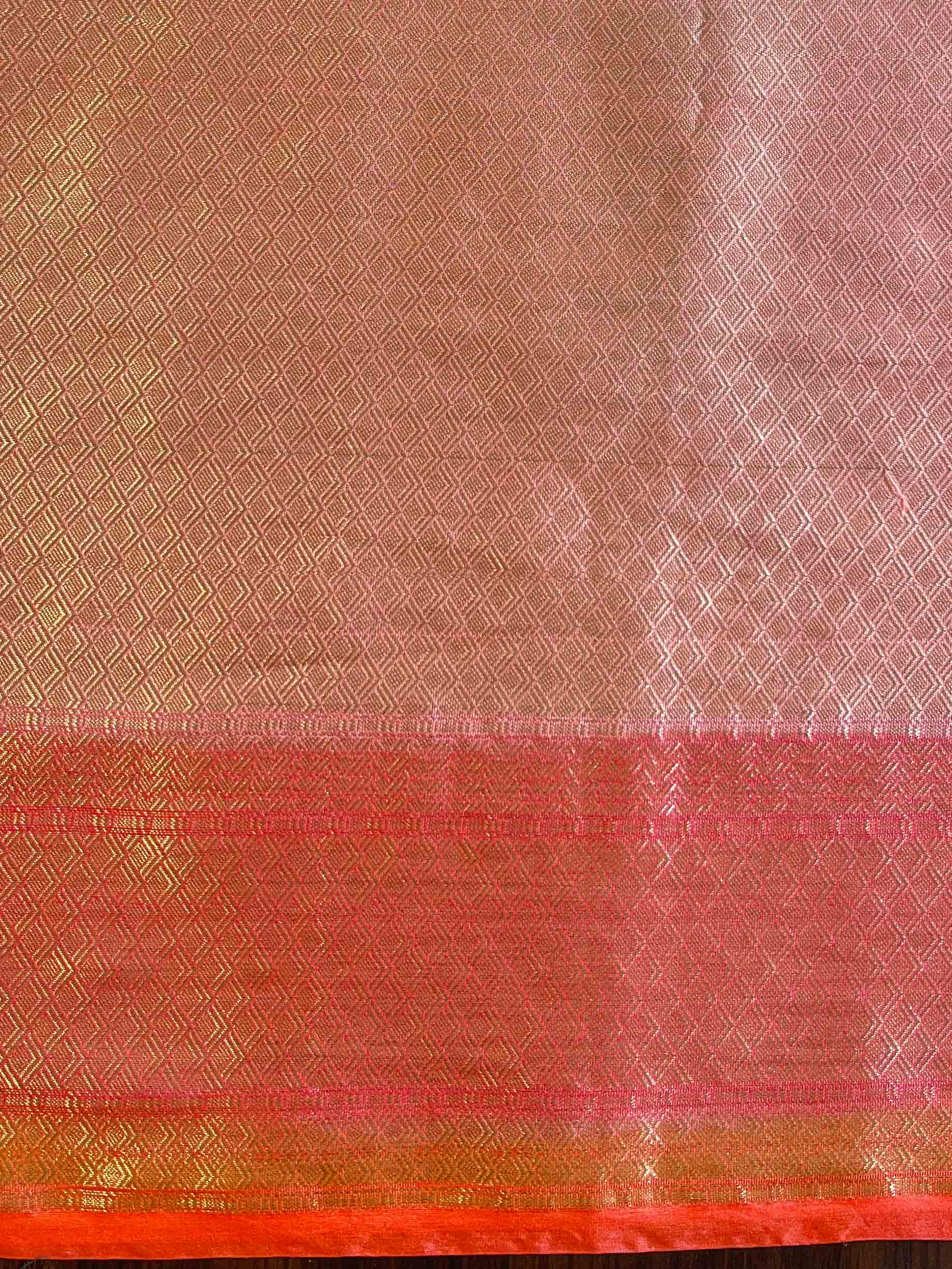 Banarasee Handwoven Soft Semi Silk Saree With Hand-Painted Rangkat Design-Orange & Pink