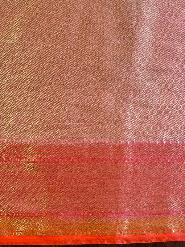 Banarasee Handwoven Soft Semi Silk Saree With Hand-Painted Rangkat Design-Orange & Pink