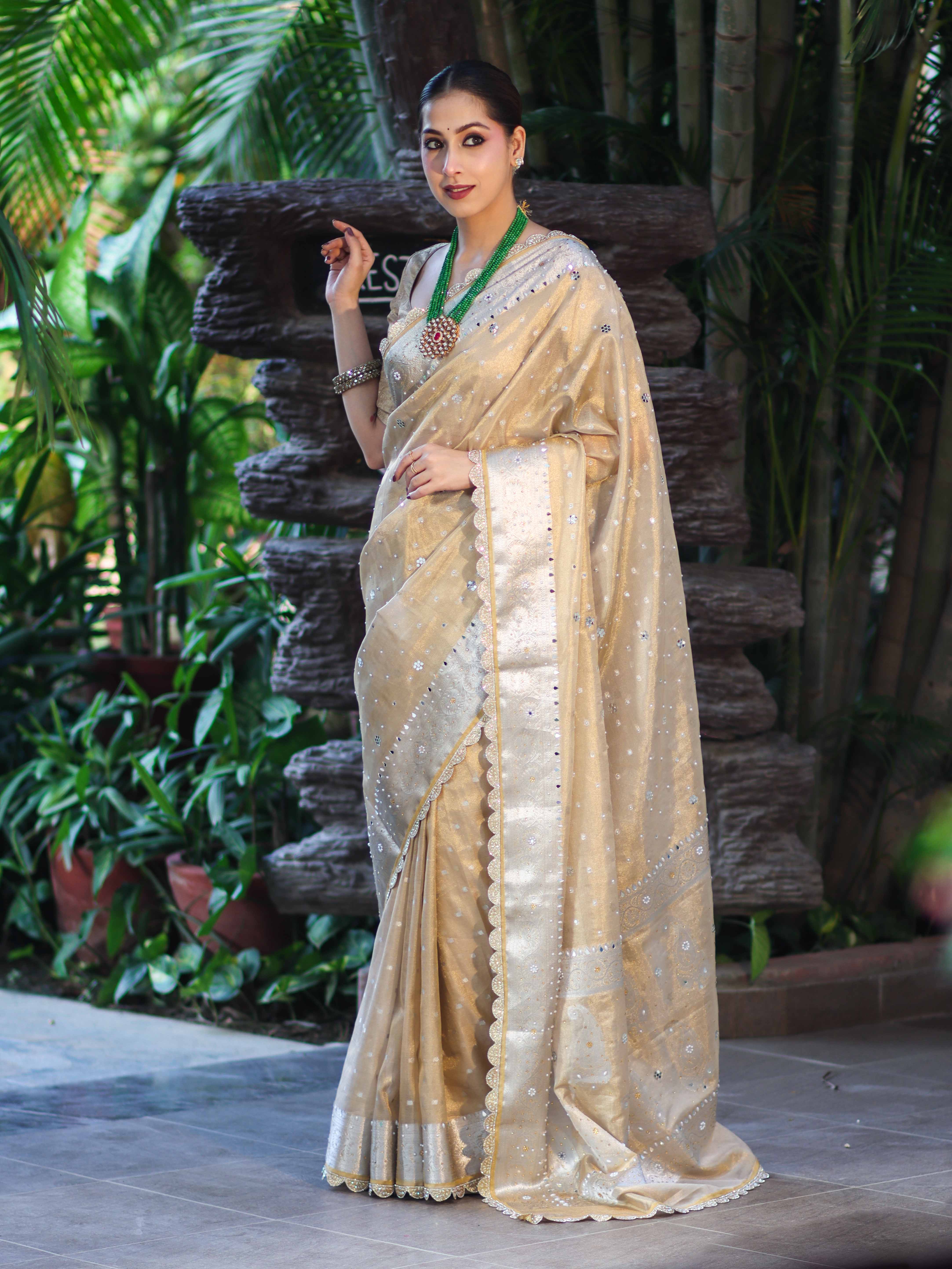 Banarasee Tissue Hand Embroidered Mirror Work Saree With Pearl Motifs & Swarovski Work-Gold
