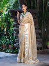 Banarasee Tissue Hand Embroidered Mirror Work Saree With Pearl Motifs & Swarovski Work-Gold