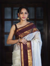Banarasee Handloom Plain Semi Silk Saree With Contrast Temple Border-White (Dual Tone)