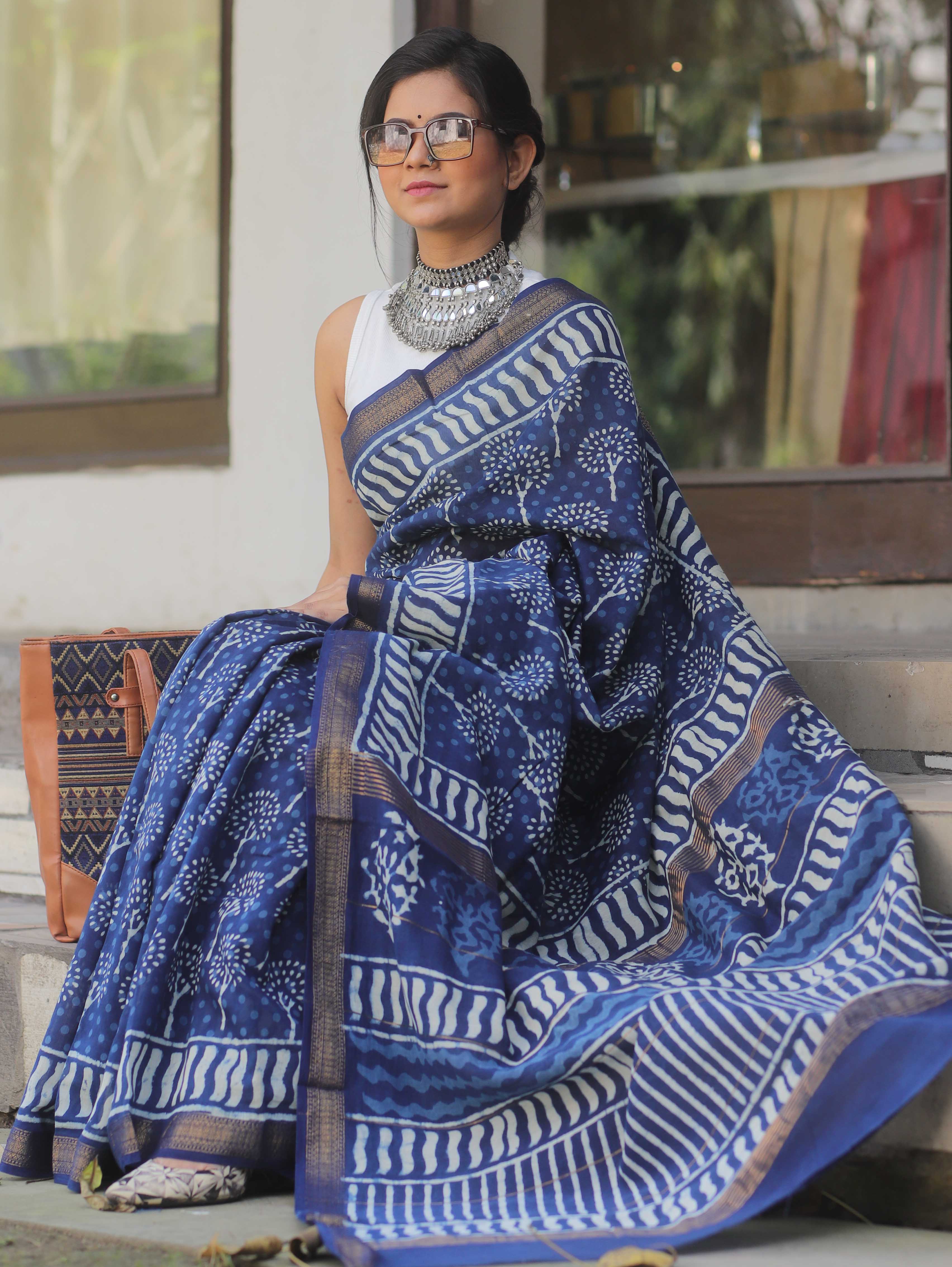 Handloom Maheshwari Silk Bagru Block Printed Saree-Blue