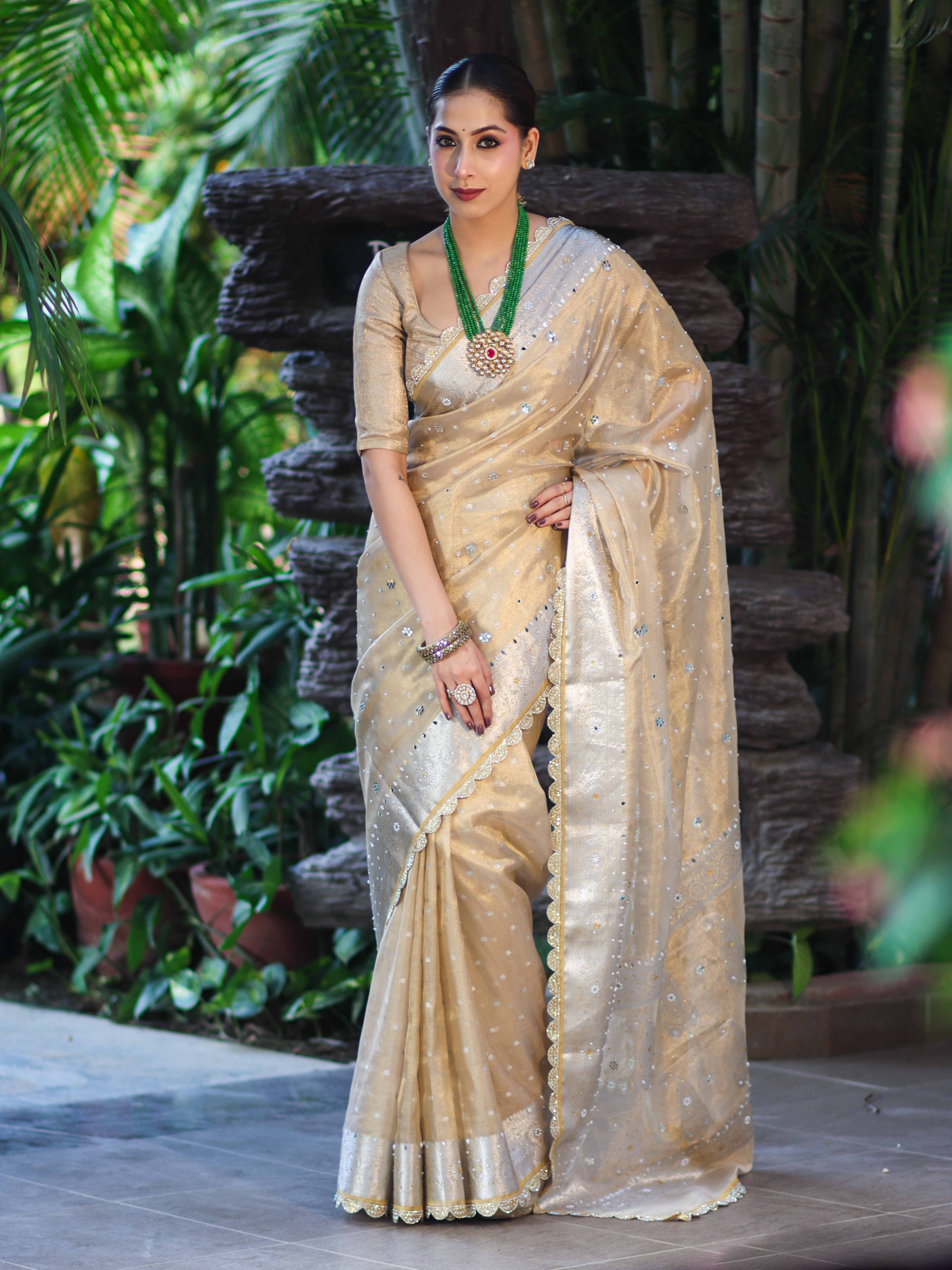 Banarasee Tissue Hand Embroidered Mirror Work Saree With Pearl Motifs & Swarovski Work-Gold