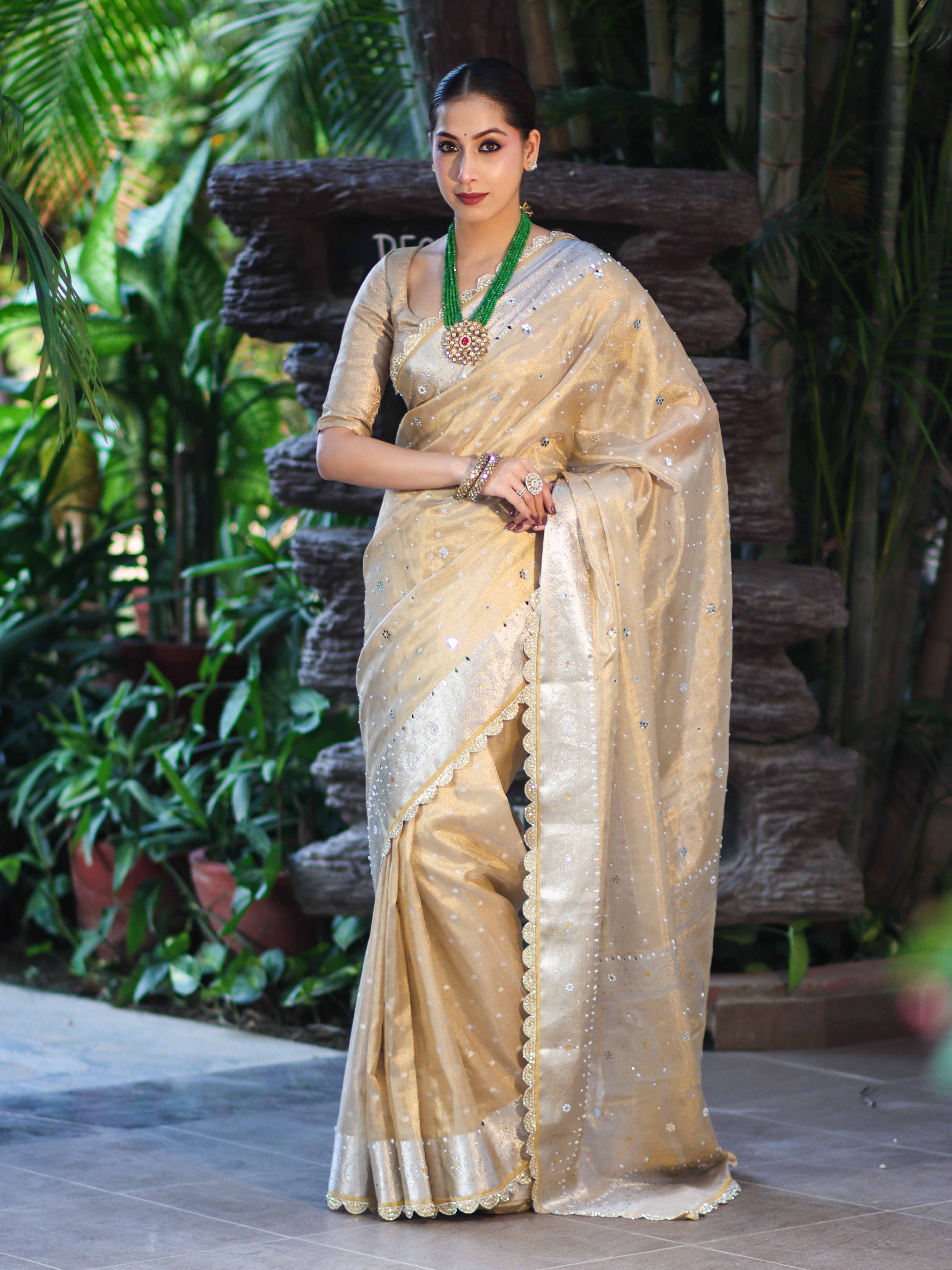Banarasee Tissue Hand Embroidered Mirror Work Saree With Pearl Motifs & Swarovski Work-Gold
