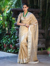 Banarasee Tissue Hand Embroidered Mirror Work Saree With Pearl Motifs & Swarovski Work-Gold