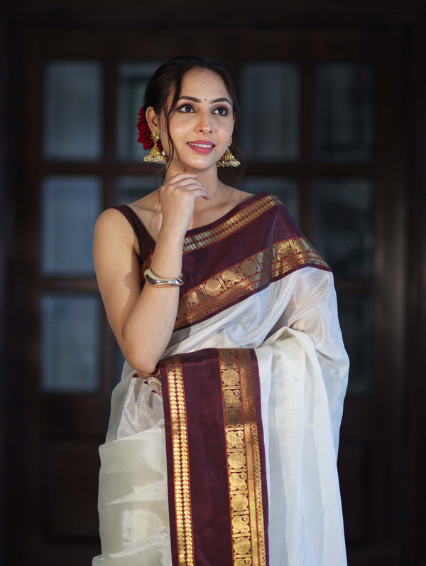 Banarasee Handloom Plain Semi Silk Saree With Contrast Temple Border-White (Dual Tone)