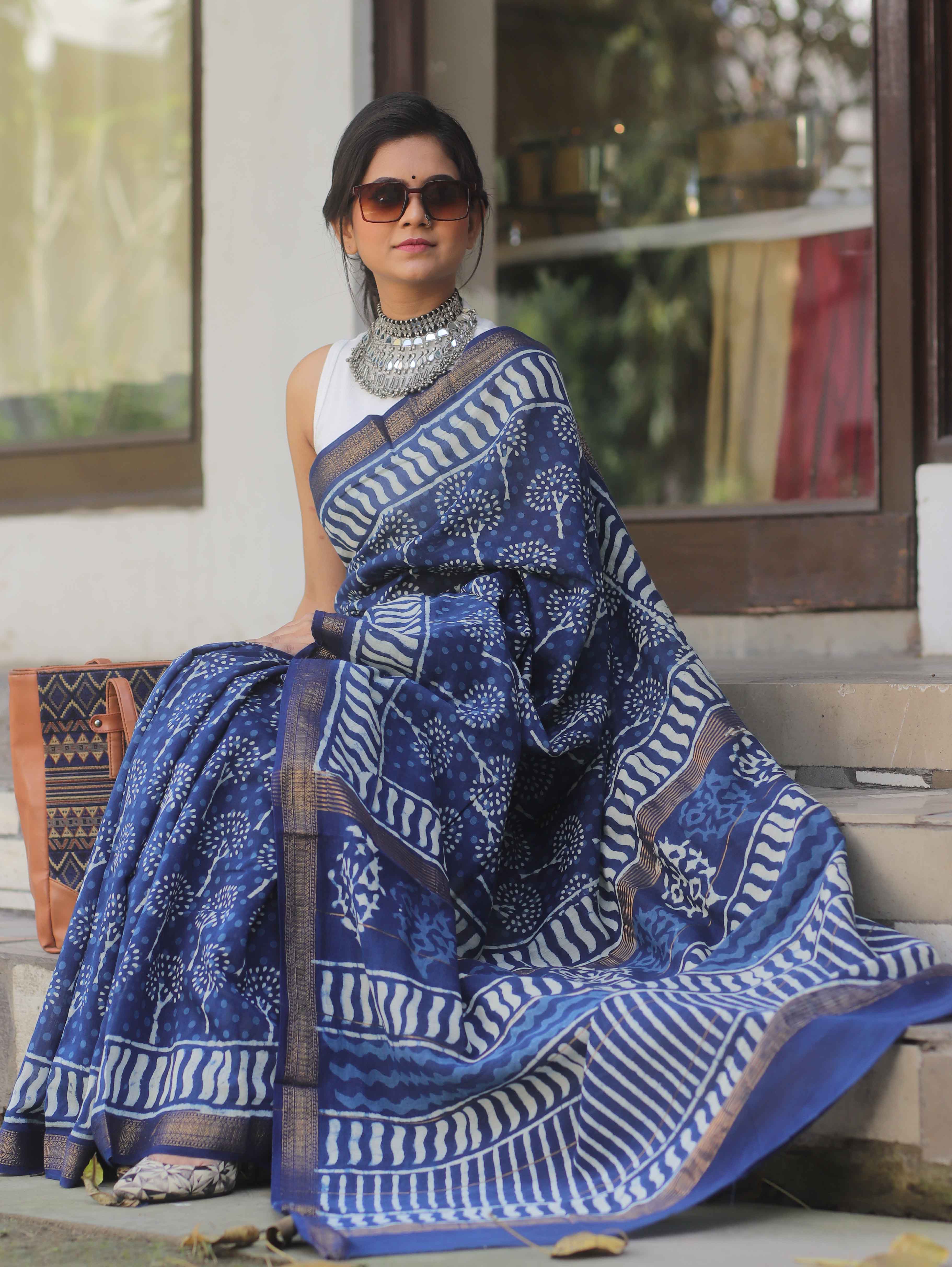 Handloom Maheshwari Silk Bagru Block Printed Saree-Blue