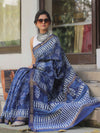 Handloom Maheshwari Silk Bagru Block Printed Saree-Blue