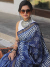 Handloom Maheshwari Silk Bagru Block Printed Saree-Blue