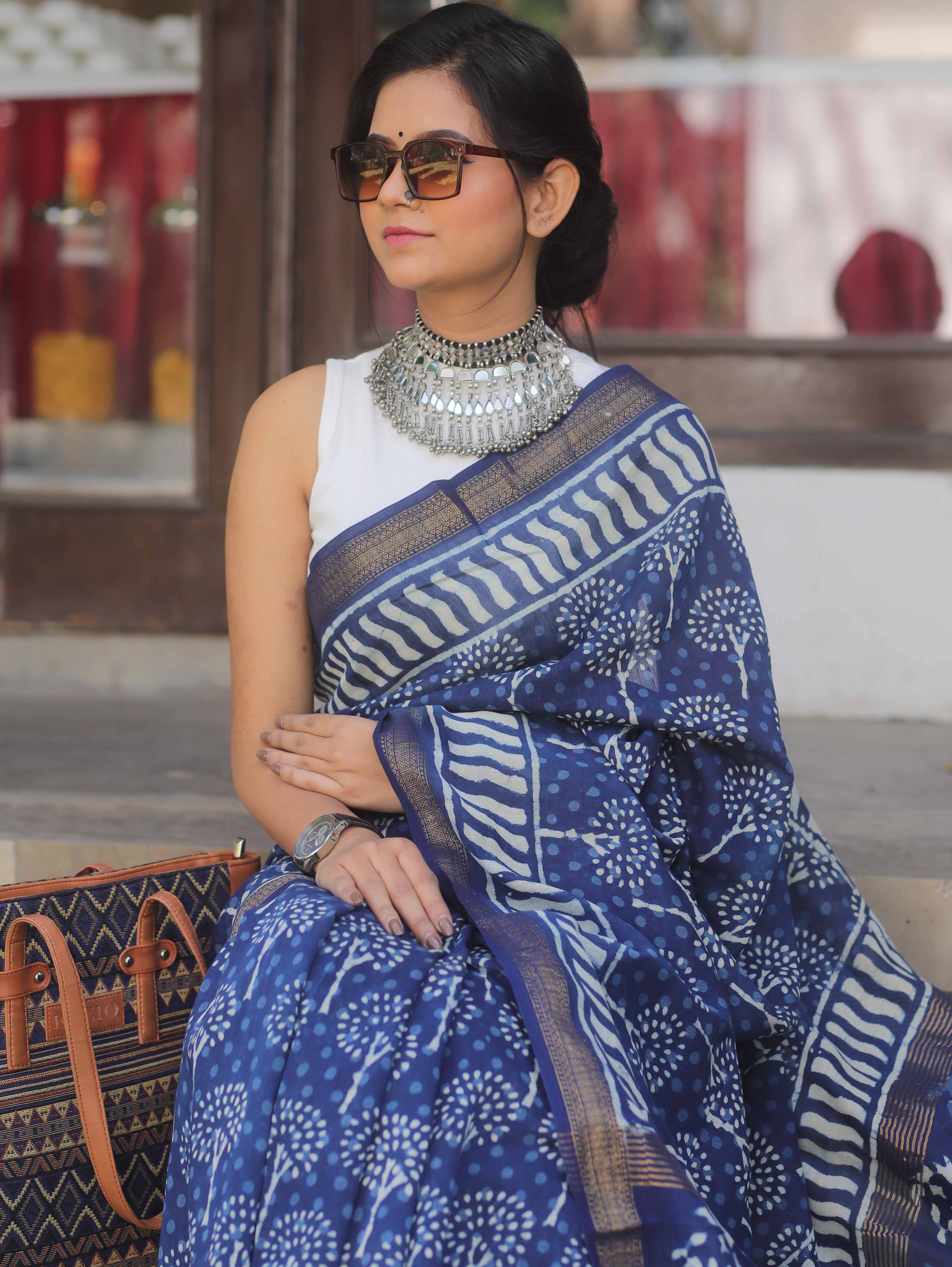 Handloom Maheshwari Silk Bagru Block Printed Saree-Blue