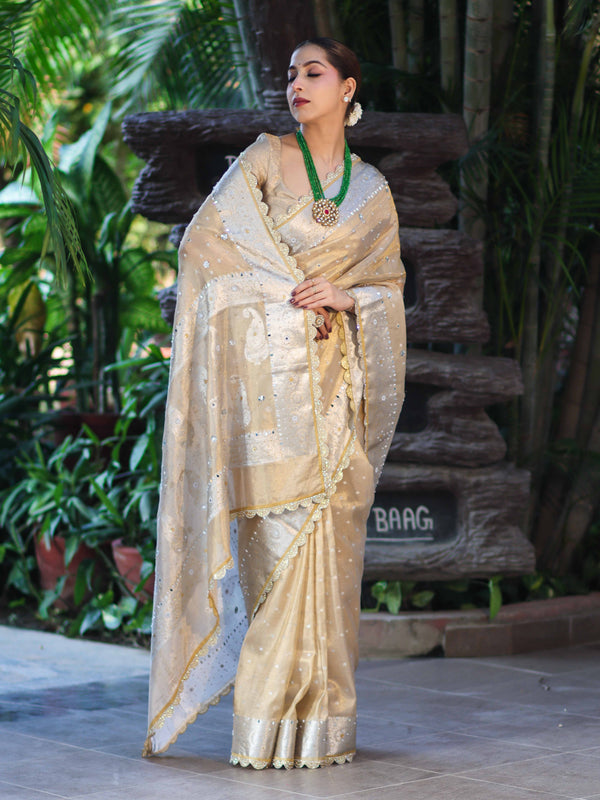 Banarasee Tissue Hand Embroidered Mirror Work Saree With Pearl Motifs & Swarovski Work-Gold