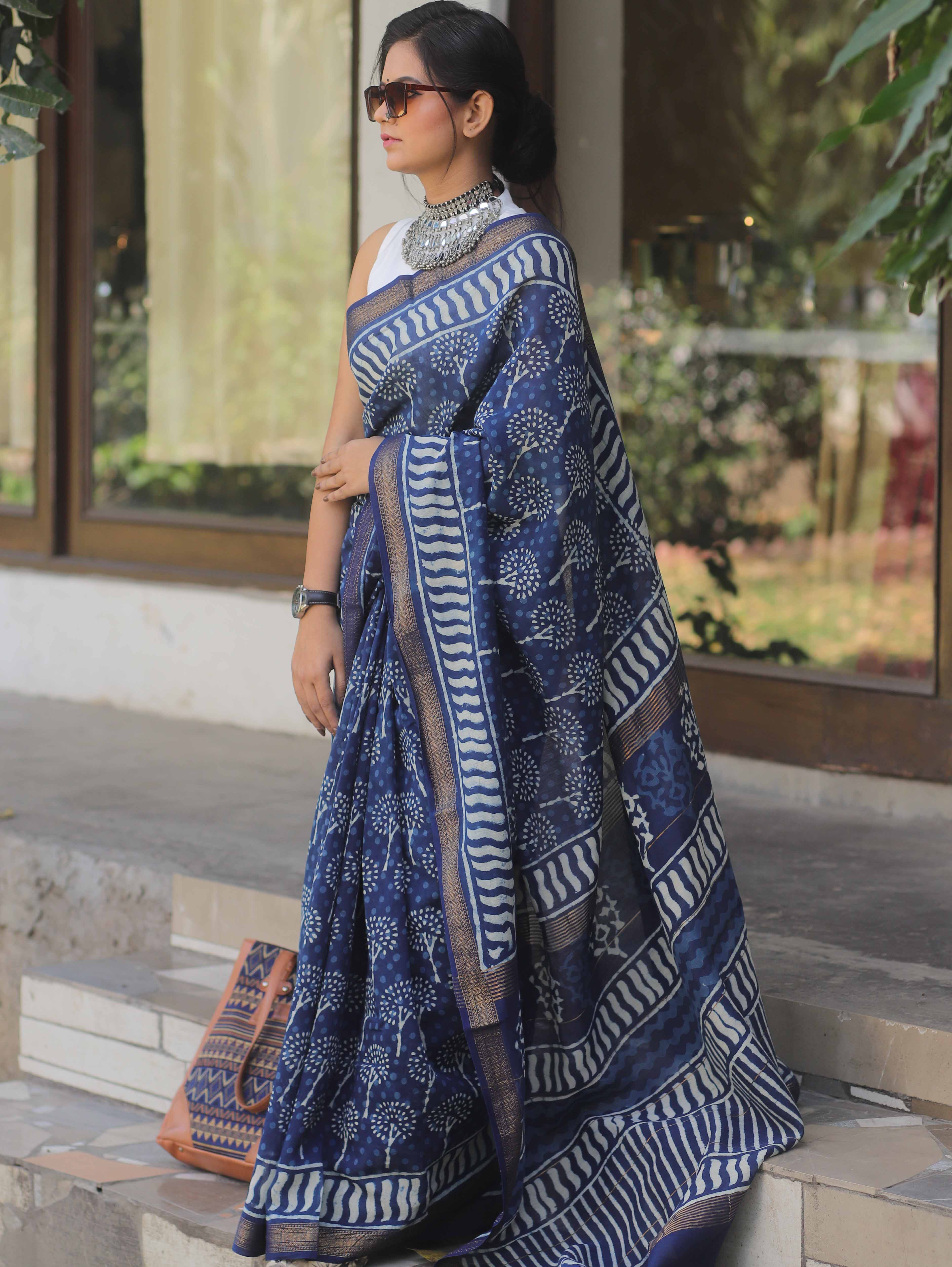 Handloom Maheshwari Silk Bagru Block Printed Saree-Blue
