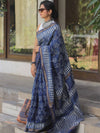Handloom Maheshwari Silk Bagru Block Printed Saree-Blue