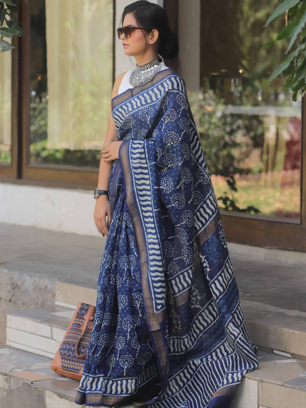 Handloom Maheshwari Silk Bagru Block Printed Saree-Blue