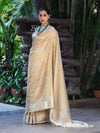 Banarasee Tissue Hand Embroidered Mirror Work Saree With Pearl Motifs & Swarovski Work-Gold