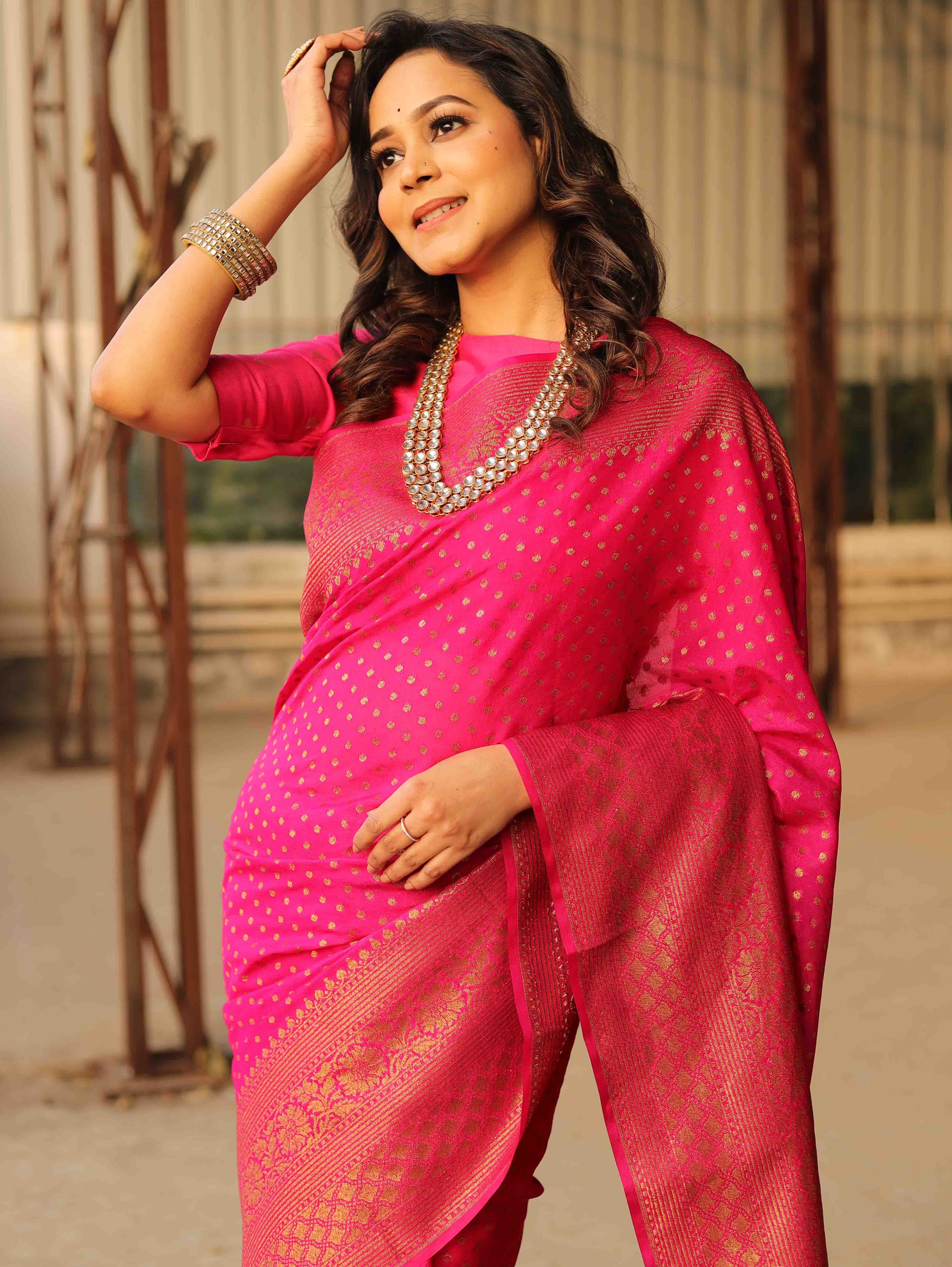 Banarasee Semi-Chiffon Saree With Antique Gold Zari Work-Pink