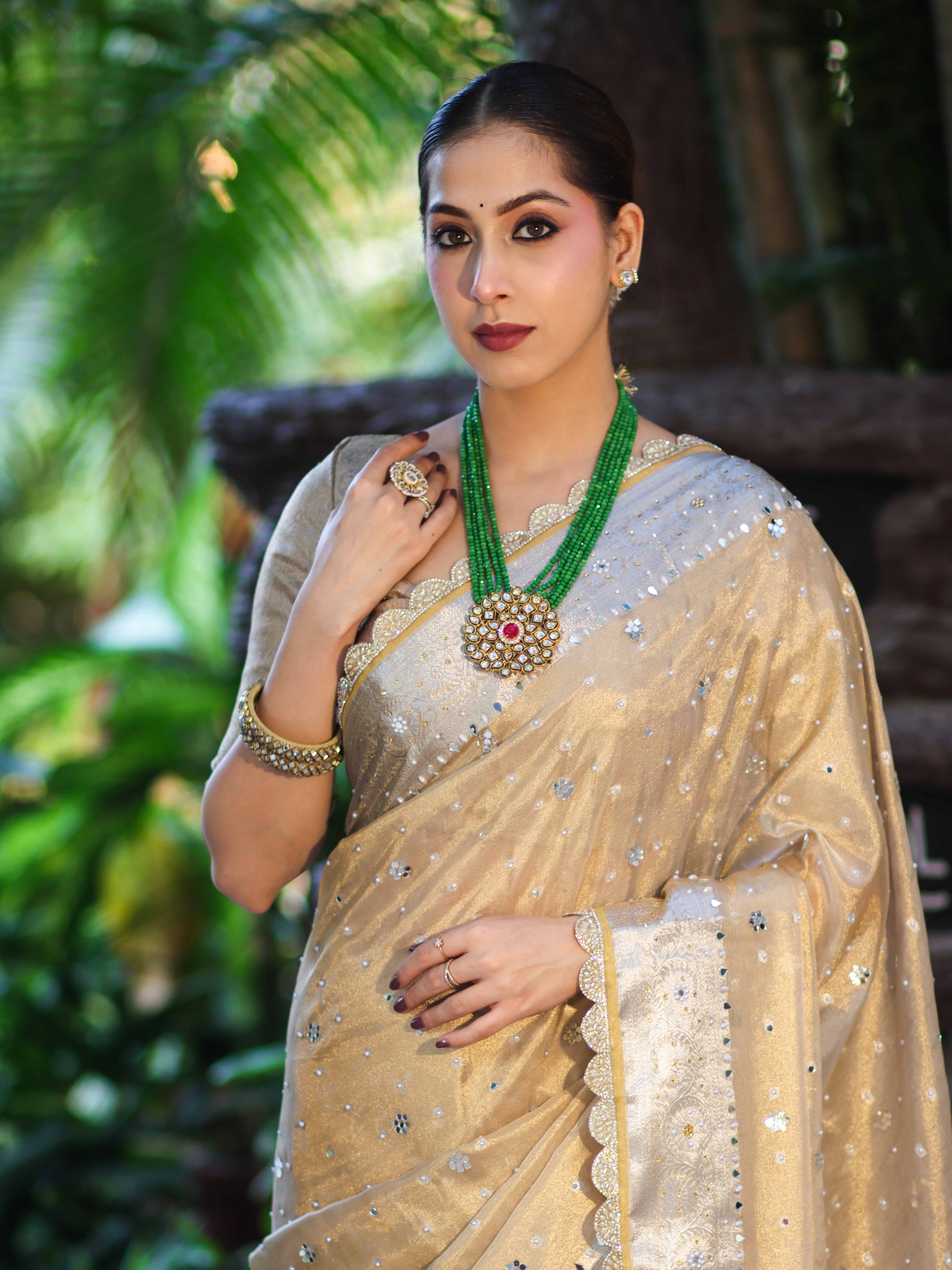 Banarasee Tissue Hand Embroidered Mirror Work Saree With Pearl Motifs & Swarovski Work-Gold