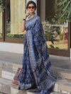 Handloom Maheshwari Silk Bagru Block Printed Saree-Blue