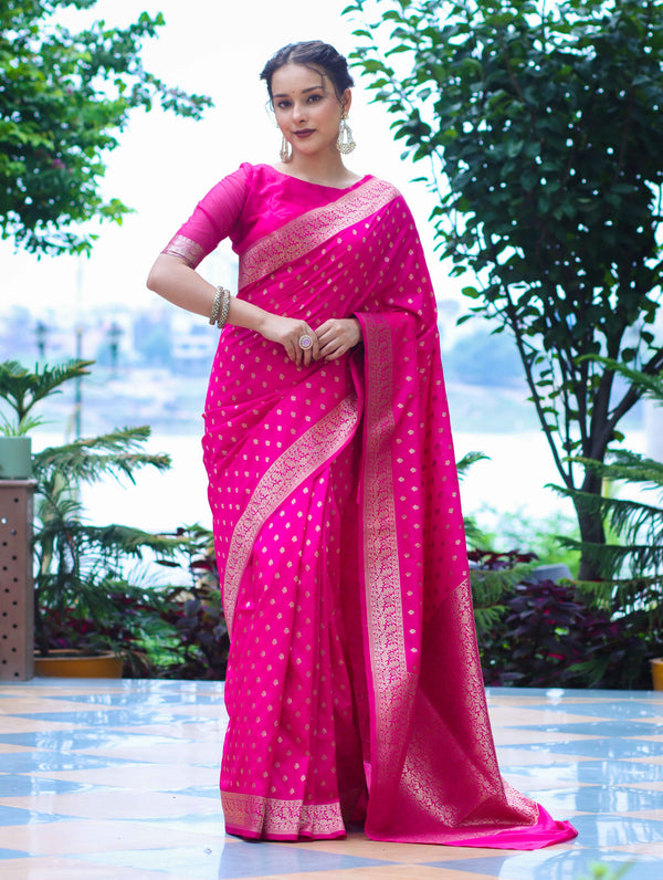 Banarasee Handloom Soft Silk Saree With Zari Buti Design & Border-Pink