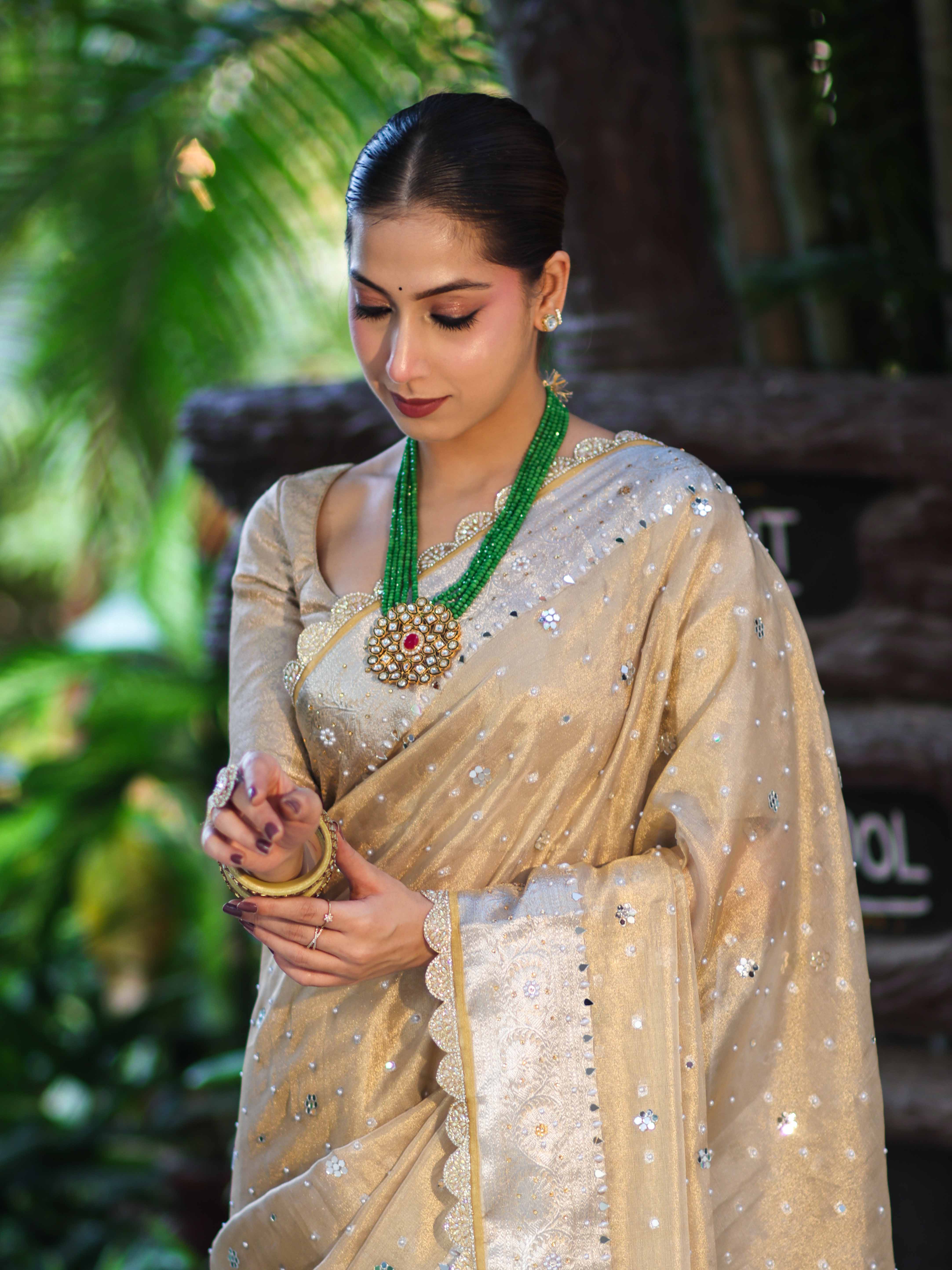 Banarasee Tissue Hand Embroidered Mirror Work Saree With Pearl Motifs & Swarovski Work-Gold